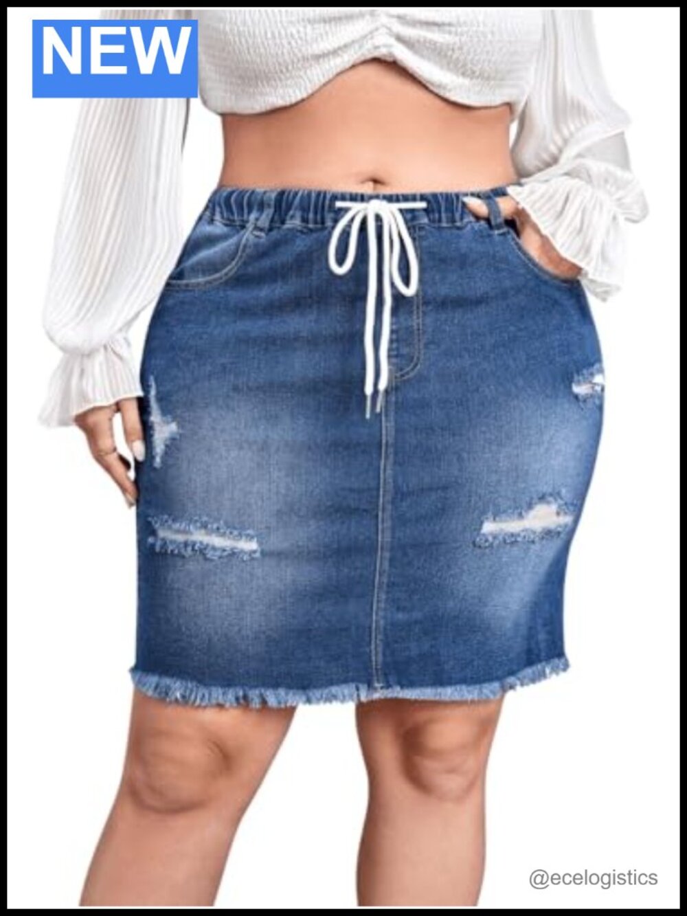 Plus Size High Waist Denim Jean Skirt Raw Hem Ripped Pocket